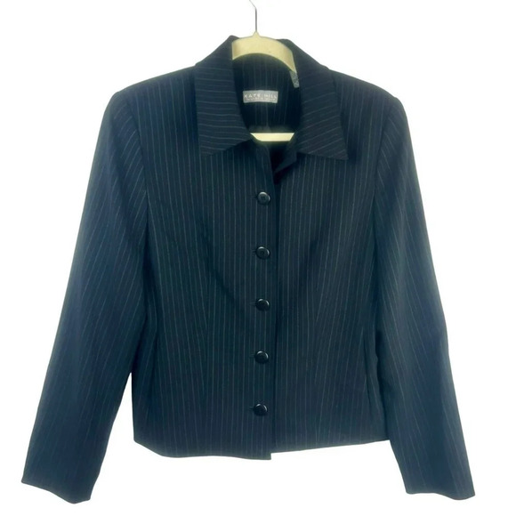 Kate Hill Lord & Tayor Blazer Jacket Women 4 Black Pinstripe 5 Button Y2K Work - Picture 1 of 5